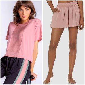 PJ Salvage Rosewood Pink Sister Satin Pajama Lounge Set Top M Shorts L